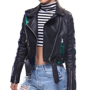 Sequin Faux Leather Moto Jacket
